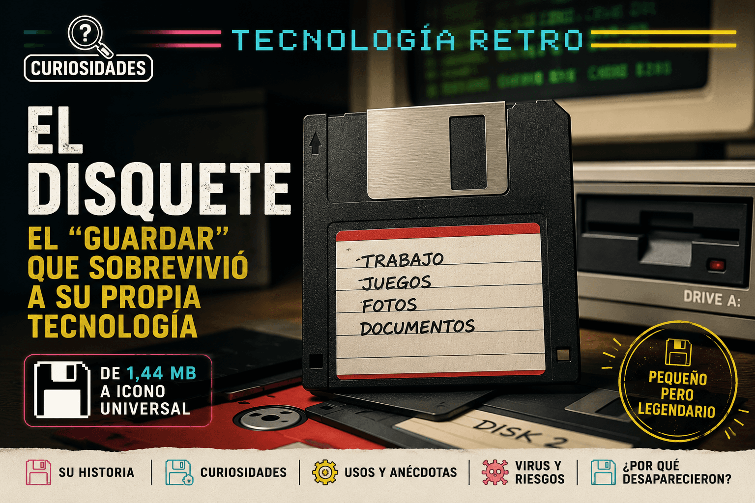 💾 TECNOLOGÍA RETRO — EL DISQUETE: EL “GUARDAR” QUE SOBREVIVIÓ A SU PROPIA TECNOLOGÍA